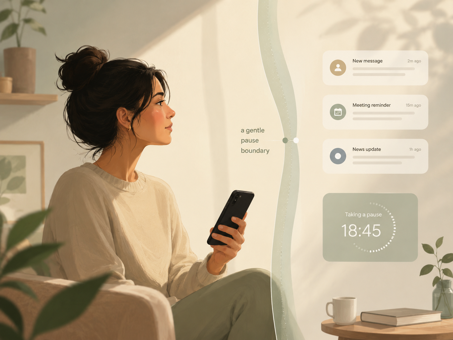 Persona usando un teléfono junto a una señal de pausa flexible que representa límites digitales para el TDAH.