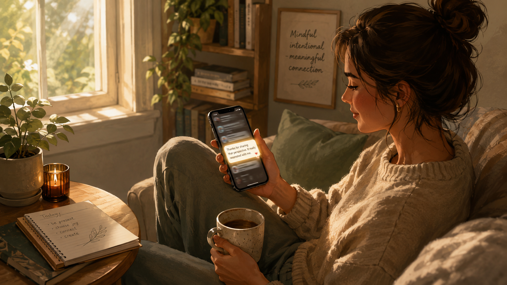 Une personne fait une pause avant de faire défiler son téléphone et remarque un message significatif.
