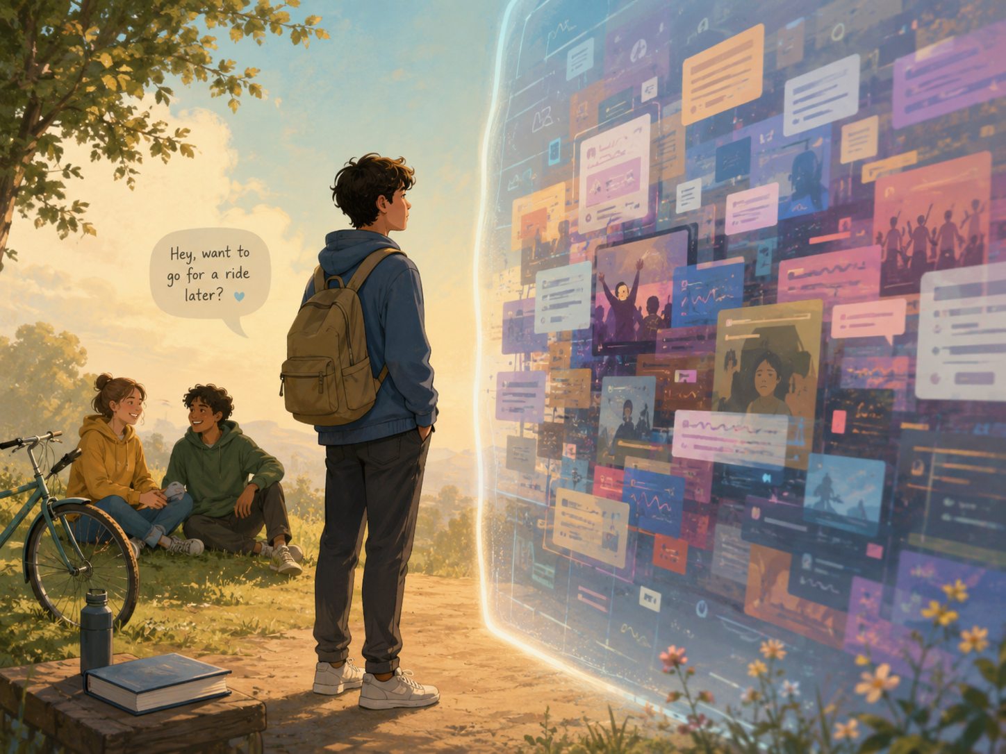 Adolescente frente a un límite digital, rodeada de alternativas para conectar y pasar el tiempo.