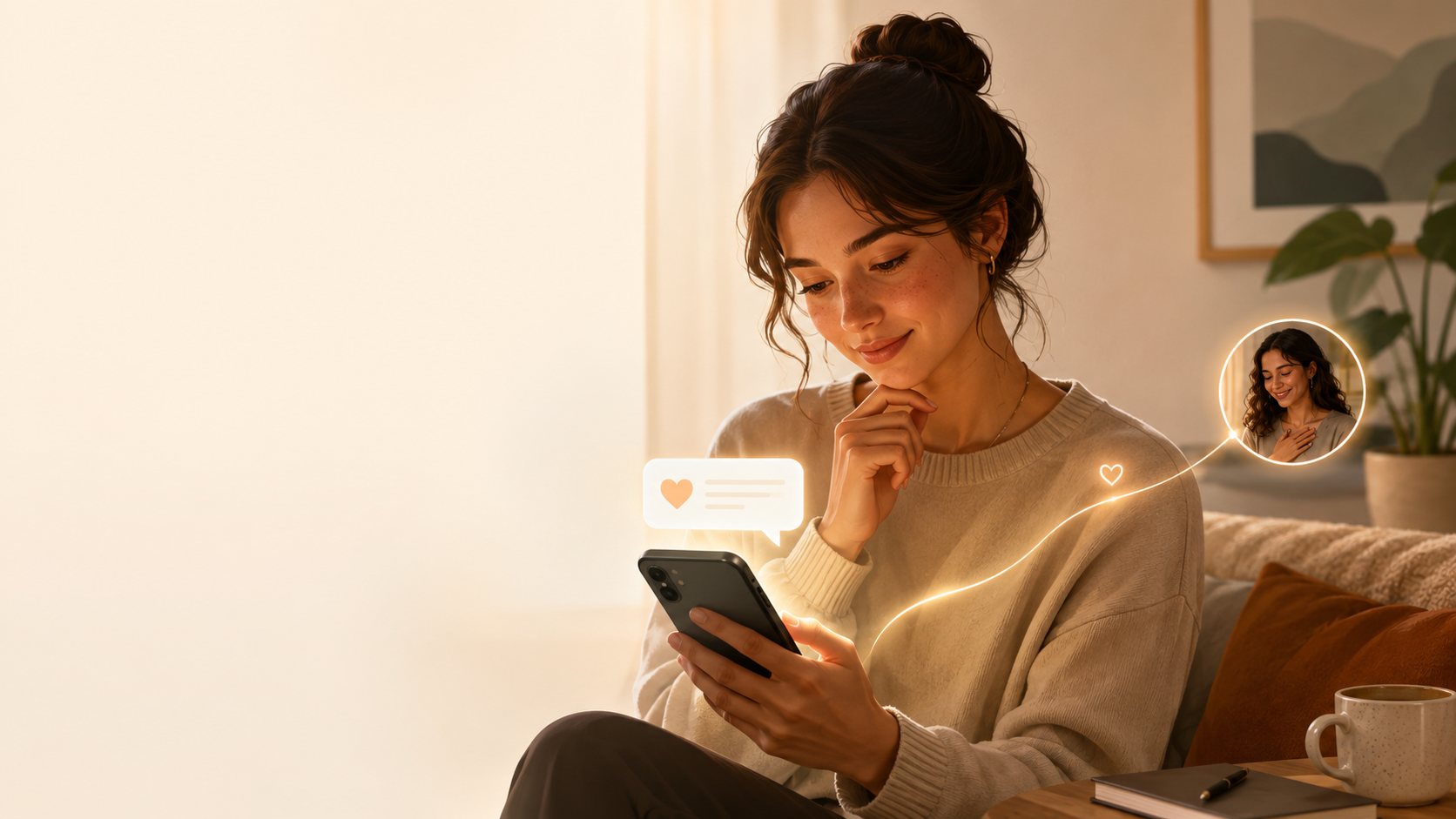 Persona enviando un mensaje significativo desde su teléfono en un entorno tranquilo y cálido.